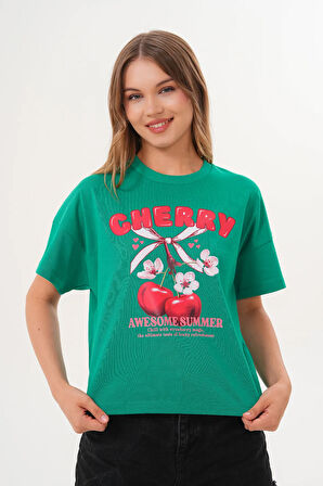 Kadın Yeşil Oversize Cherry Awesome Summer Baskılı Tişört