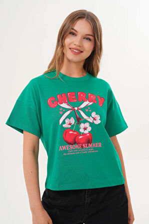 Kadın Yeşil Oversize Cherry Awesome Summer Baskılı Tişört