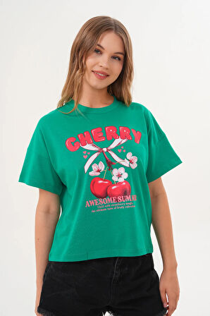 Kadın Yeşil Oversize Cherry Awesome Summer Baskılı Tişört