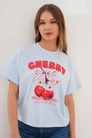 Kadın Mavi Oversize Cherry Awesome Summer Baskılı Tişört