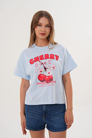 Kadın Mavi Oversize Cherry Awesome Summer Baskılı Tişört