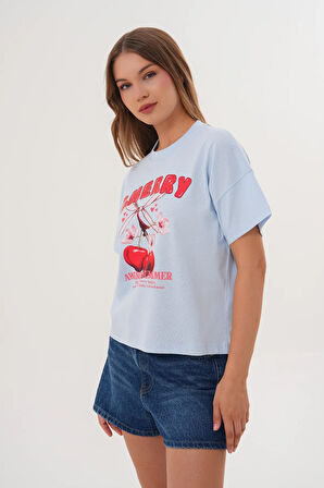 Kadın Mavi Oversize Cherry Awesome Summer Baskılı Tişört