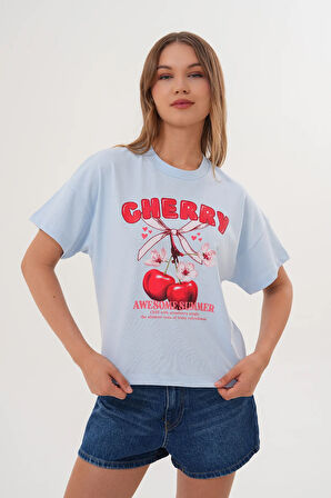 Kadın Mavi Oversize Cherry Awesome Summer Baskılı Tişört