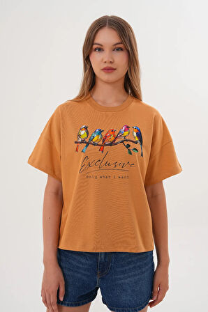 Kadın Taba Exclusive Only What I Want Kuş Baskılı Oversize Tişört