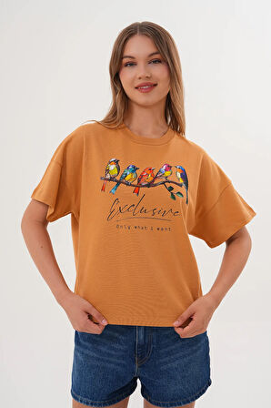 Kadın Taba Exclusive Only What I Want Kuş Baskılı Oversize Tişört
