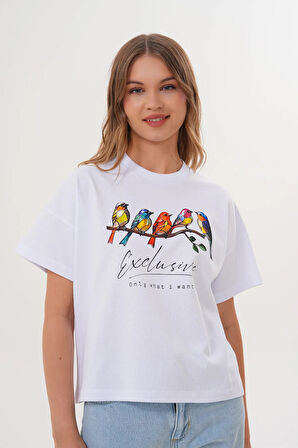 Kadın Beyaz Exclusive Only What I Want Kuş Baskılı Oversize Tişört