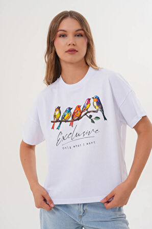 Kadın Beyaz Exclusive Only What I Want Kuş Baskılı Oversize Tişört