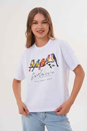 Kadın Beyaz Exclusive Only What I Want Kuş Baskılı Oversize Tişört