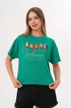 Kadın Yeşil Exclusive Only What I Want Kuş Baskılı Oversize Tişört