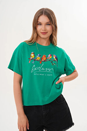 Kadın Yeşil Exclusive Only What I Want Kuş Baskılı Oversize Tişört