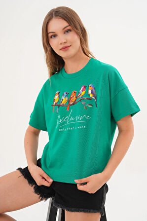Kadın Yeşil Exclusive Only What I Want Kuş Baskılı Oversize Tişört
