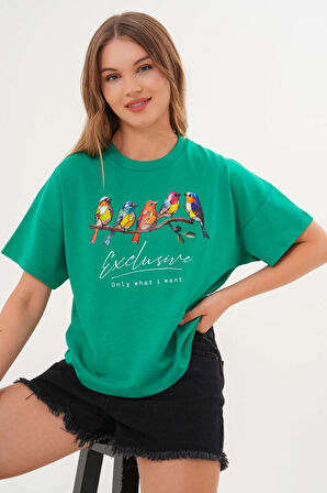 Kadın Yeşil Exclusive Only What I Want Kuş Baskılı Oversize Tişört