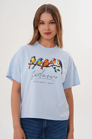 Kadın Mavi Exclusive Only What I Want Kuş Baskılı Oversize Tişört