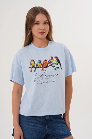 Kadın Mavi Exclusive Only What I Want Kuş Baskılı Oversize Tişört