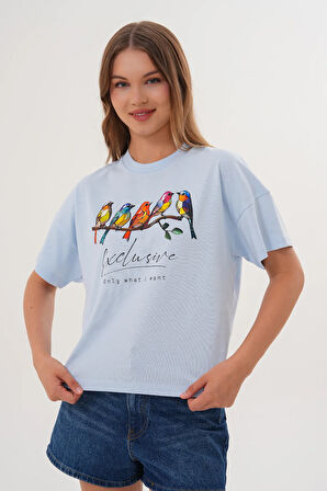 Kadın Mavi Exclusive Only What I Want Kuş Baskılı Oversize Tişört