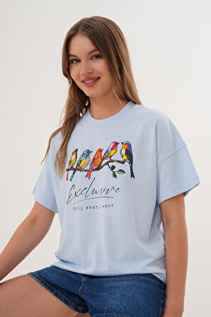 Kadın Mavi Exclusive Only What I Want Kuş Baskılı Oversize Tişört