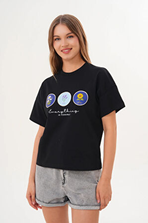 Siyah Kadın Oversize Çiçek Everything Is Possible Baskılı Tişört