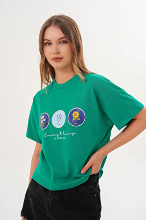 Yeşil Kadın Oversize Çiçek Everything Is Possible Baskılı Tişört
