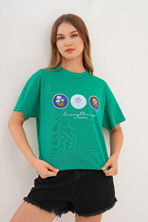 Yeşil Kadın Oversize Çiçek Everything Is Possible Baskılı Tişört