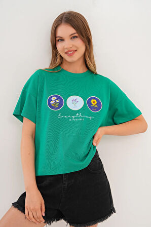 Yeşil Kadın Oversize Çiçek Everything Is Possible Baskılı Tişört