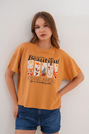 Kadın Taba Oversize Tişört – Botanik Baskılı,Beautiful / Botanic Amour Yazılı