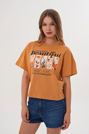 Kadın Taba Oversize Tişört – Botanik Baskılı,Beautiful / Botanic Amour Yazılı