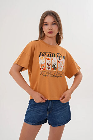 Kadın Taba Oversize Tişört – Botanik Baskılı,Beautiful / Botanic Amour Yazılı