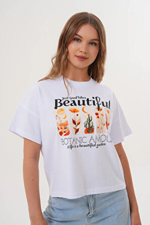 Kadın Beyaz Oversize Tişört – Botanik Baskılı,Beautiful / Botanic Amour Yazılı