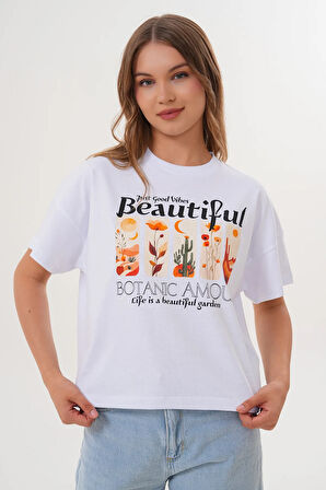 Kadın Beyaz Oversize Tişört – Botanik Baskılı,Beautiful / Botanic Amour Yazılı
