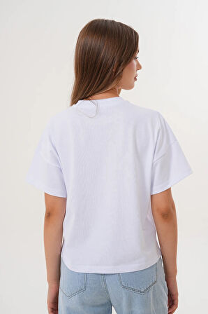 Kadın Beyaz Oversize Tişört – Botanik Baskılı,Beautiful / Botanic Amour Yazılı