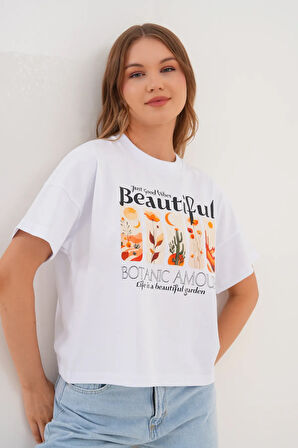 Kadın Beyaz Oversize Tişört – Botanik Baskılı,Beautiful / Botanic Amour Yazılı
