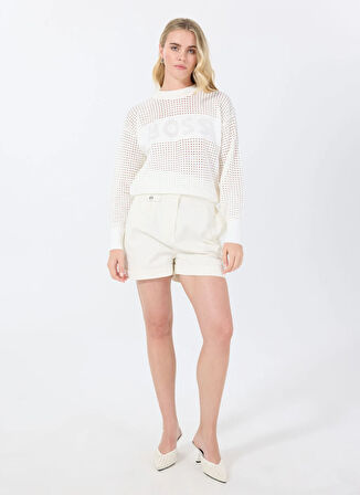 Boss Bisiklet Yaka Relaxed Düz Beyaz Kazak Kadın 50510202