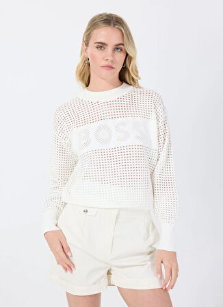 Boss Bisiklet Yaka Relaxed Düz Beyaz Kazak Kadın 50510202