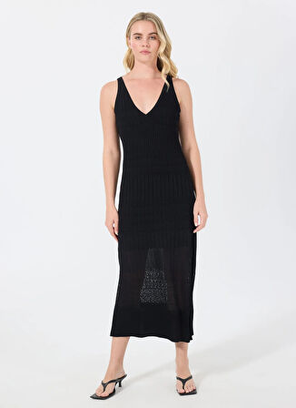 Boss V Yaka Düz Siyah Standart Kadın Elbise 50535506