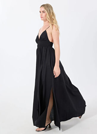 Hugo V Yaka Düz Siyah Uzun Kadın Elbise 50536456