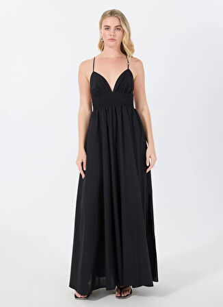 Hugo V Yaka Düz Siyah Uzun Kadın Elbise 50536456