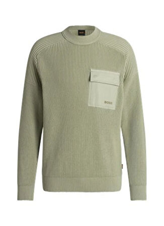 Boss Bisiklet Yaka Relaxed Açık Haki Erkek Kazak Kalamaro