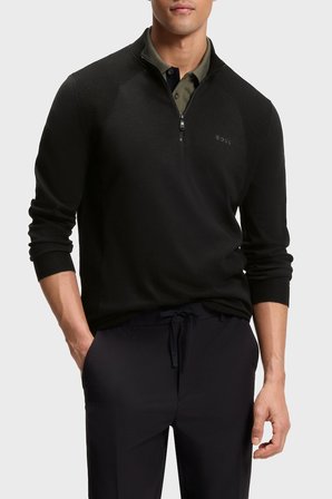 Boss Pamuk Karışımlı Regular Fit Yarım Fermuarlı Dik Yaka Kazak Erkek KAZAK 50558352 001 SİYAH