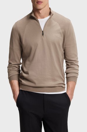 Boss Pamuk Karışımlı Regular Fit Yarım Fermuarlı Dik Yaka Kazak Erkek KAZAK 50558352 334 BEJ