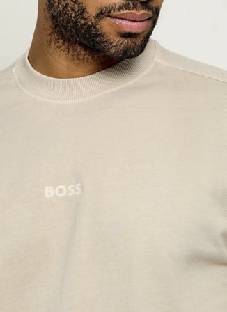 BOSS Te_Tile Bej Erkek Bisiklet Yaka Logo Baskılı Relaxed T-Shirt