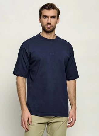 BOSS Te_Tile Lacivert Erkek Bisiklet Yaka Logo Baskılı Relaxed Süprem T-Shirt