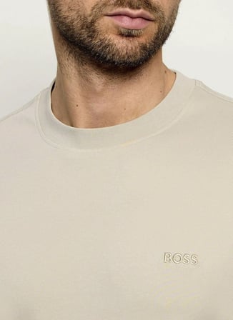 BOSS Te_interlock Bej Erkek Bisiklet Yaka Logo Baskılı Regular Fit T-Shirt