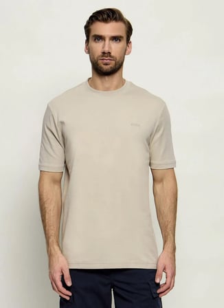 BOSS Te_interlock Bej Erkek Bisiklet Yaka Logo Baskılı Regular Fit T-Shirt