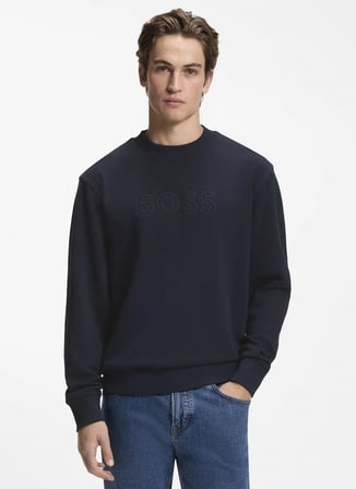 BOSS We_Logo Lacivert Erkek Bisiklet Yaka Logo Baskılı Relaxed Sweatshirt