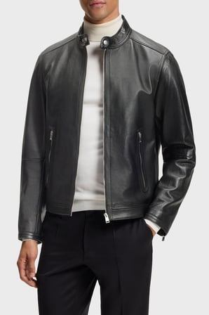 Boss Regular Fit Dik Yaka Deri Ceket Erkek DERİ CEKET 50564586 001 SİYAH