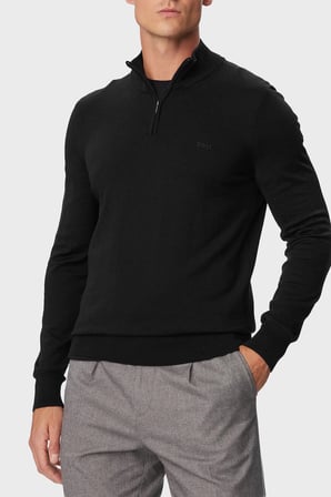 Boss Logolu Pamuklu Regular Fit Yarım Fermuarlı Dik Yaka Kazak Erkek KAZAK 50571928 001 SİYAH
