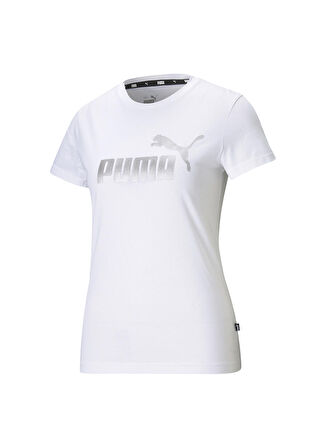 Puma Bisiklet Yaka Baskılı Beyaz - Gümüş Kadın T-Shirt 58689002 ESS+ META