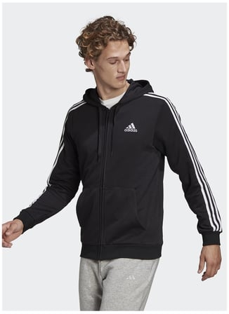 Adidas  Gk9032 M 3S Ft Fz Hd Kapüşonlu    Siyah - Beyaz Erkek Zip Ceket