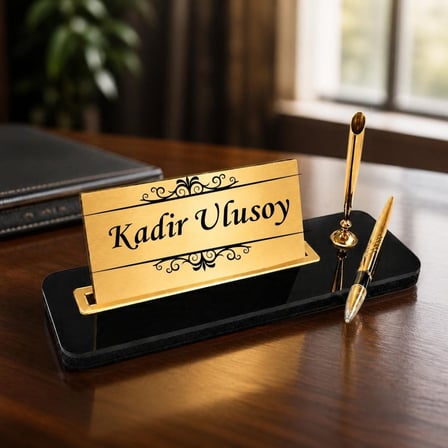 Motifli Lüks Masa İsimliği - Kalemli Kişiye Özel Ofis Masa Seti Siyah Gold