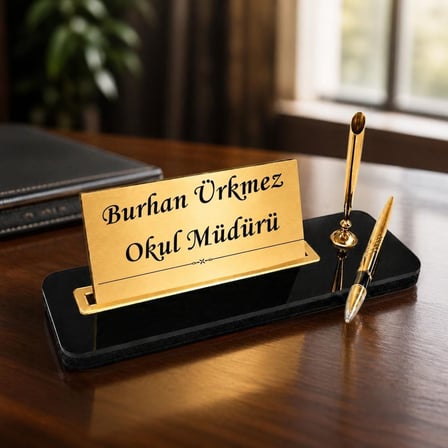  Öğretmene Hediye Kişiye Özel Masa İsimliği - Okul Müdürü Lüks Masa Seti Siyah Gold